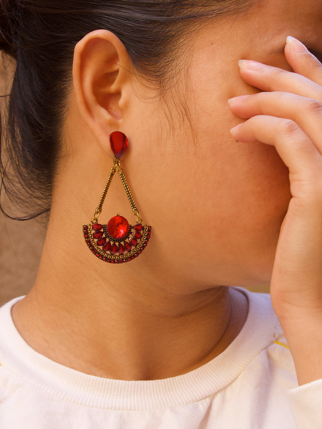 Gold Plated Filigree Design Red Color Artificial Stone Dangler Earring