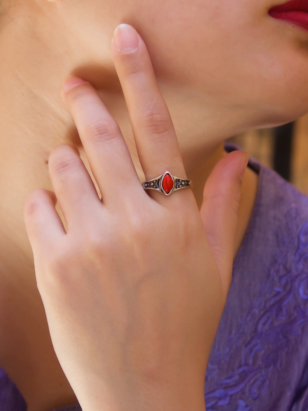 Aana Silver Plated Oval Design Red Color Finger Ring