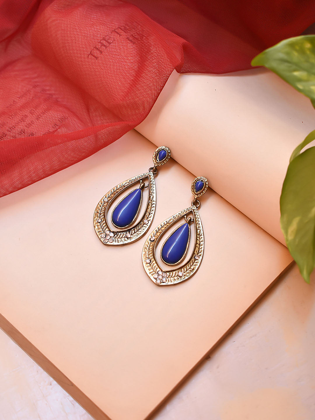 Antique Gold Plated Teardrop Design Blue Color Plastic Stone Dangler Earrings