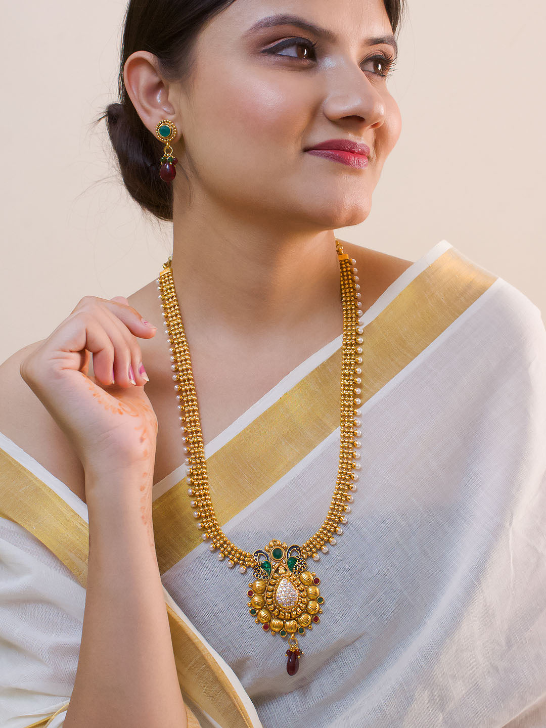 Antique Copper Peacock Design Necklace With Droppings