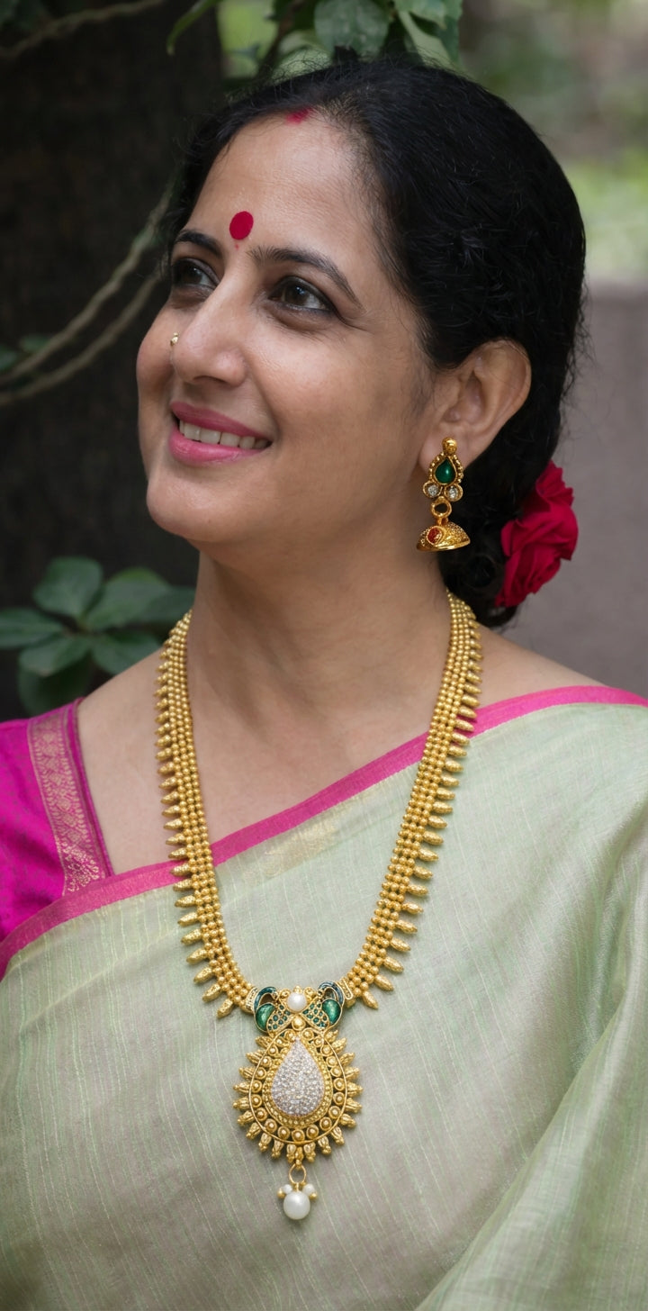 Antique Copper Long 3 Line Necklace With Droppings