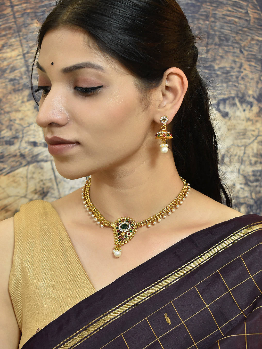 Avismaya Antique Gold Plated 2 Line Necklace With Mango Shape Design Pendant Necklace Set