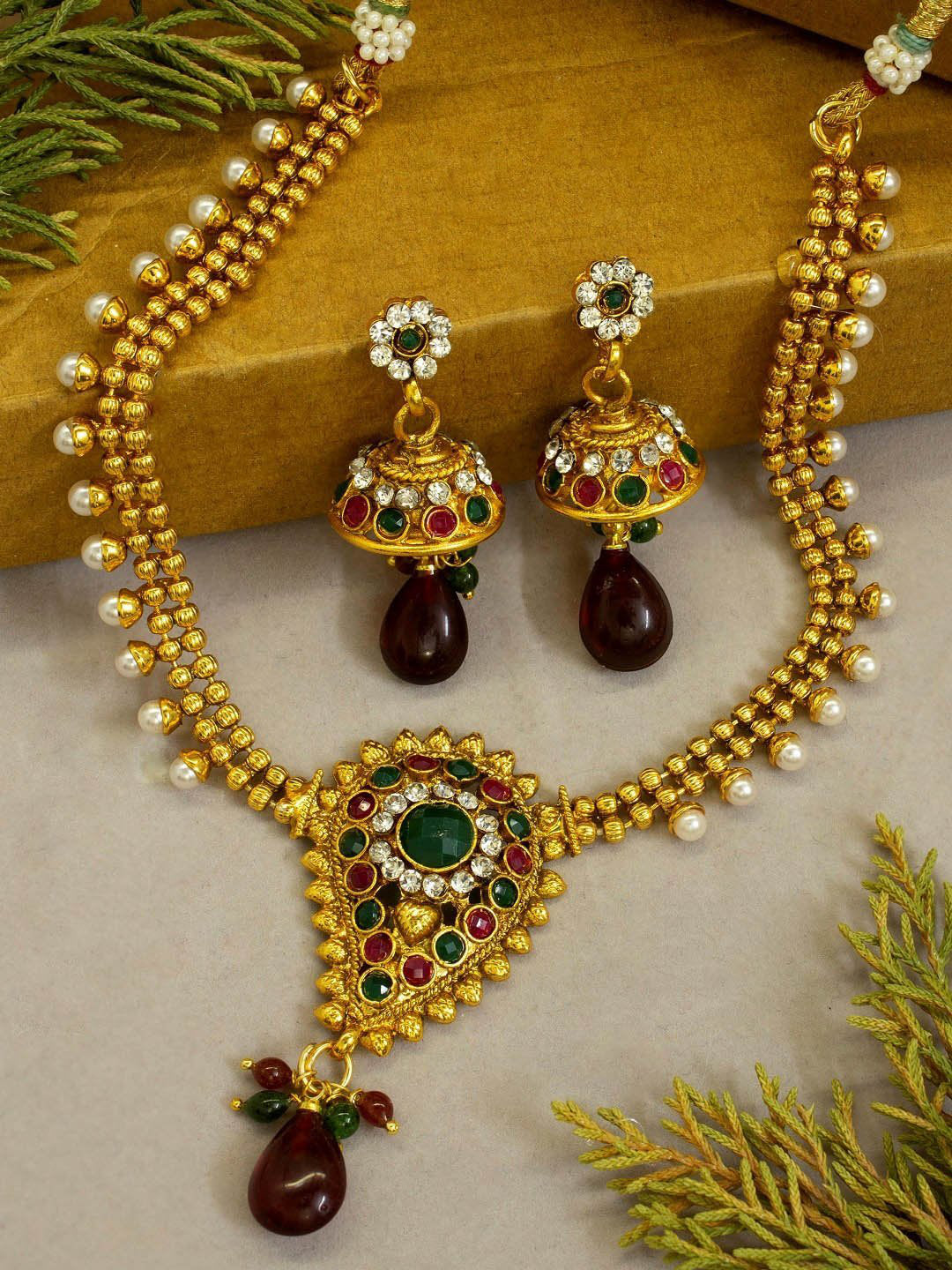 Avismaya Antique Gold Plated 2 Line Necklace With Mango Shape Design Pendant Necklace Set