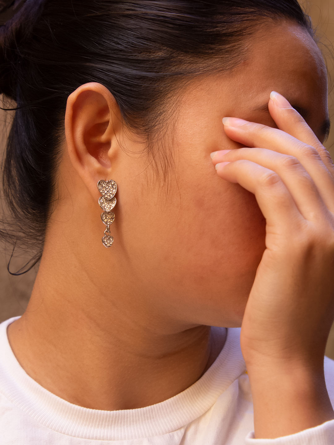 Silver Plated Heart Design Three Layered Drop Earring