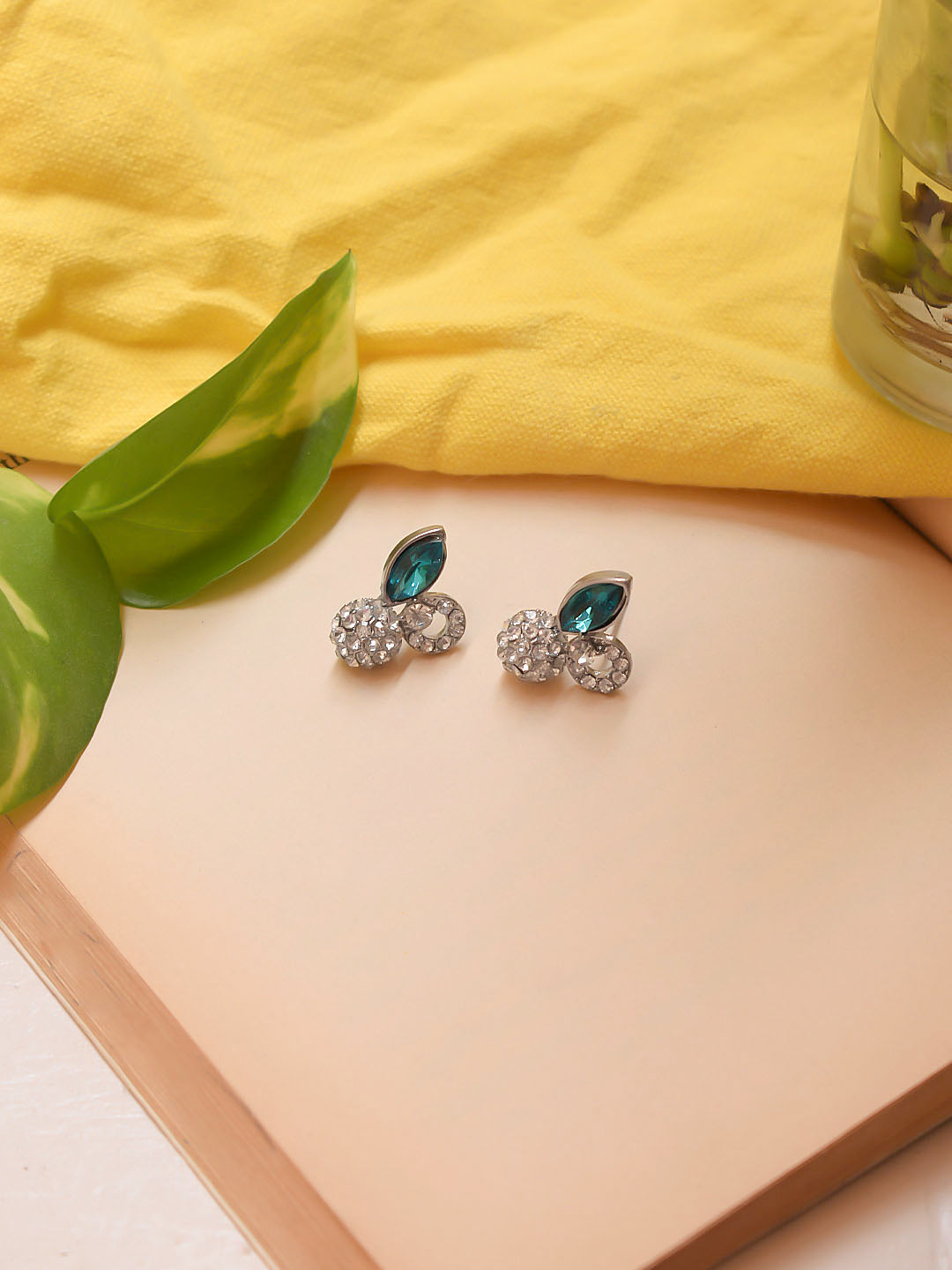 Silver Plated Oval Design Blue Color Crystal Stone Stud Earring