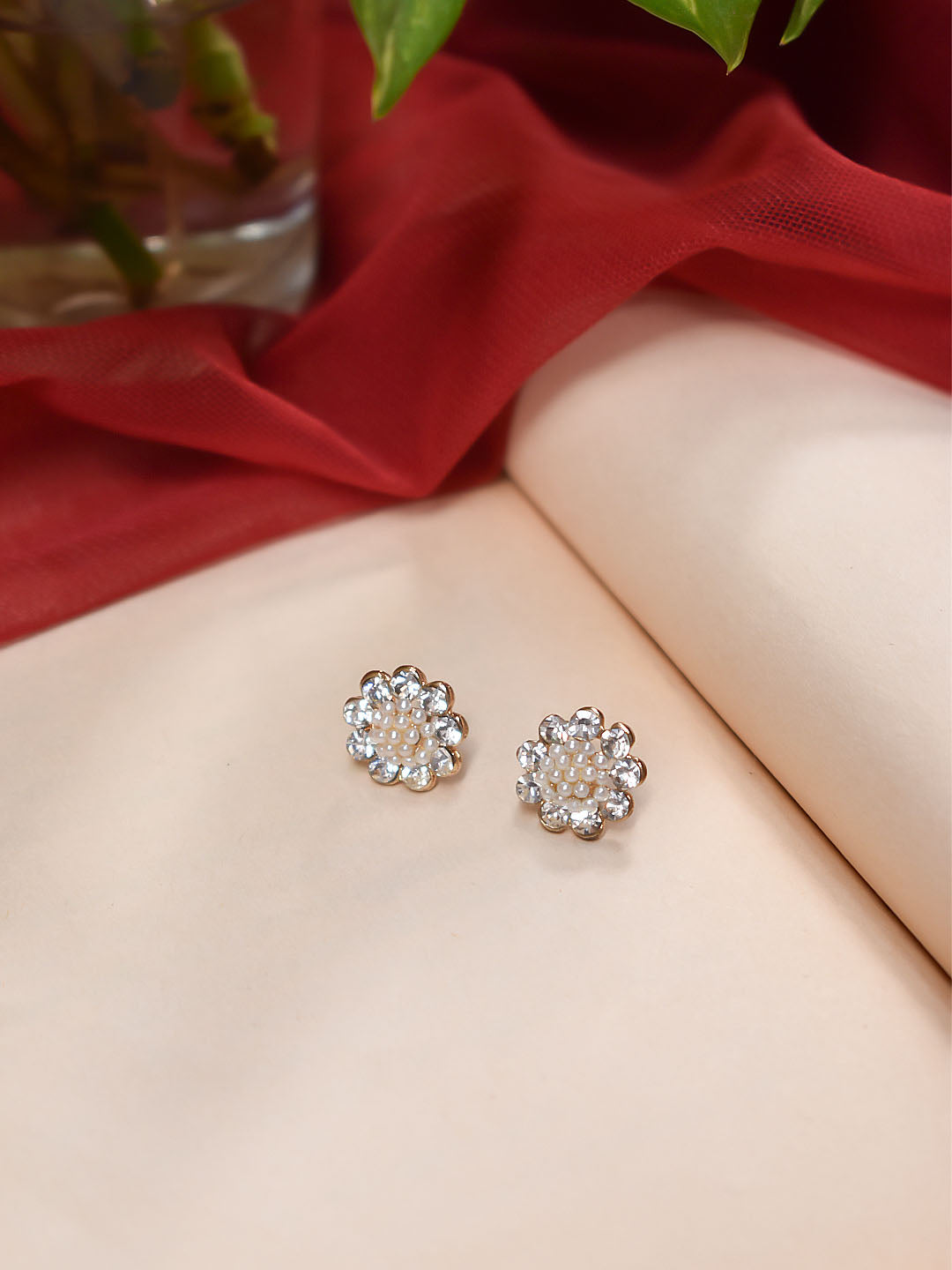 Gold Plated White Color Stones And Studded Pearls Stud Earring