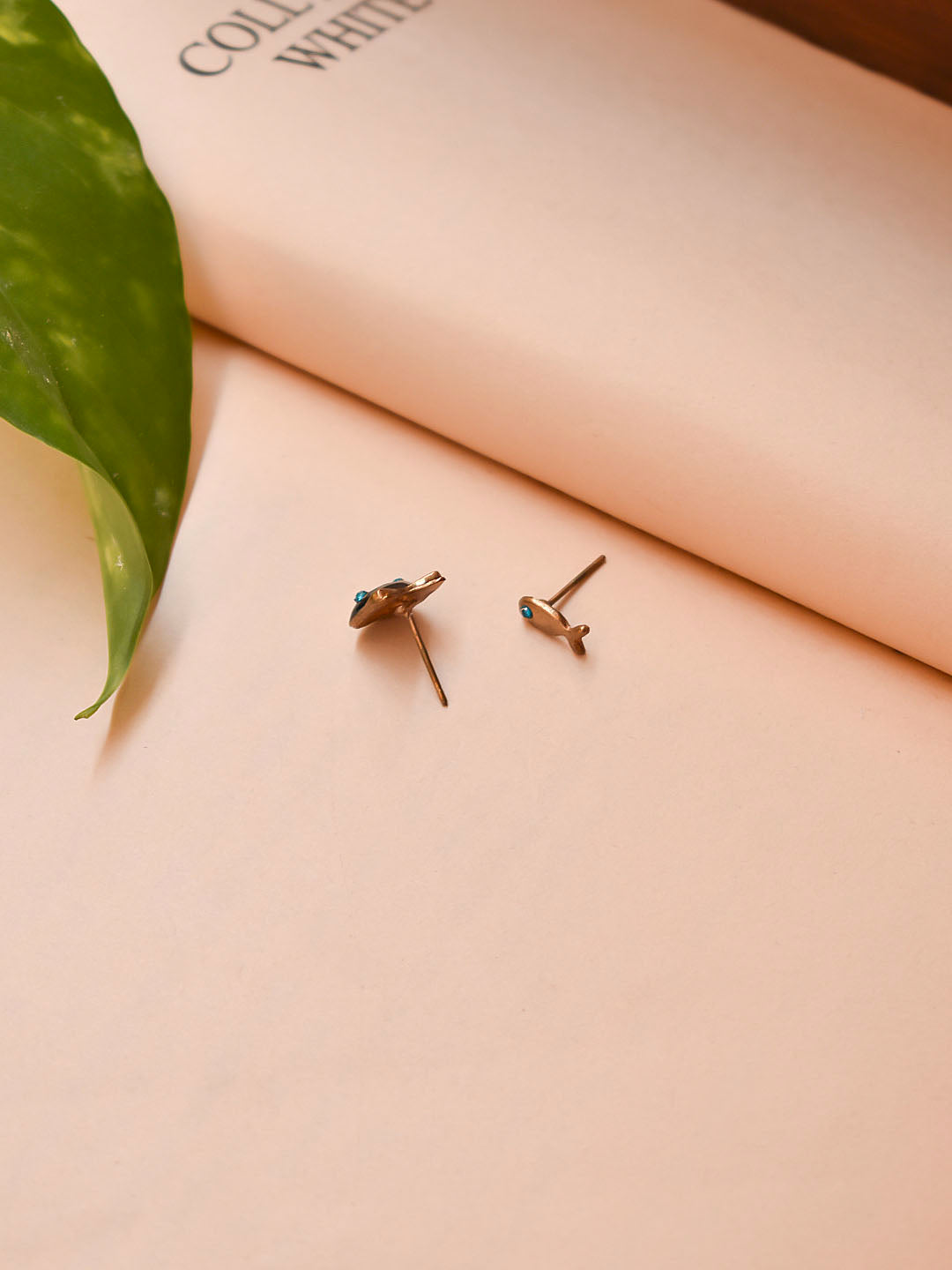 Gold Plated Cat And Fish Design Stud Earrings