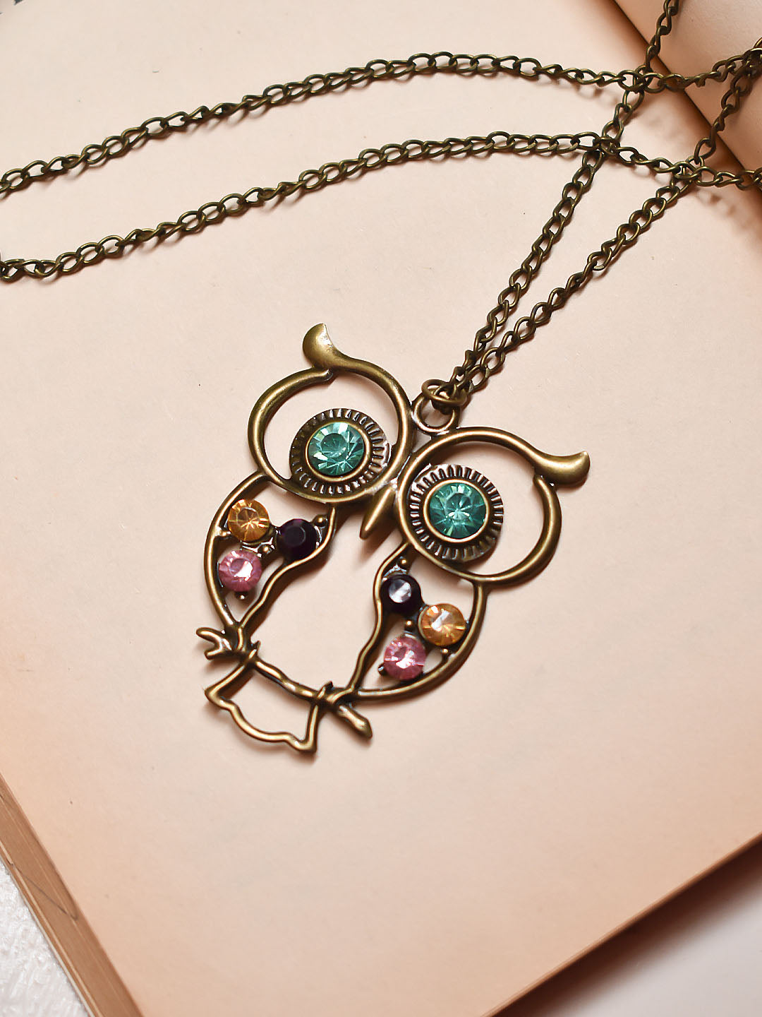 Antique Gold Plated Owl Design Pendant Multicolor Stones Long Necklace