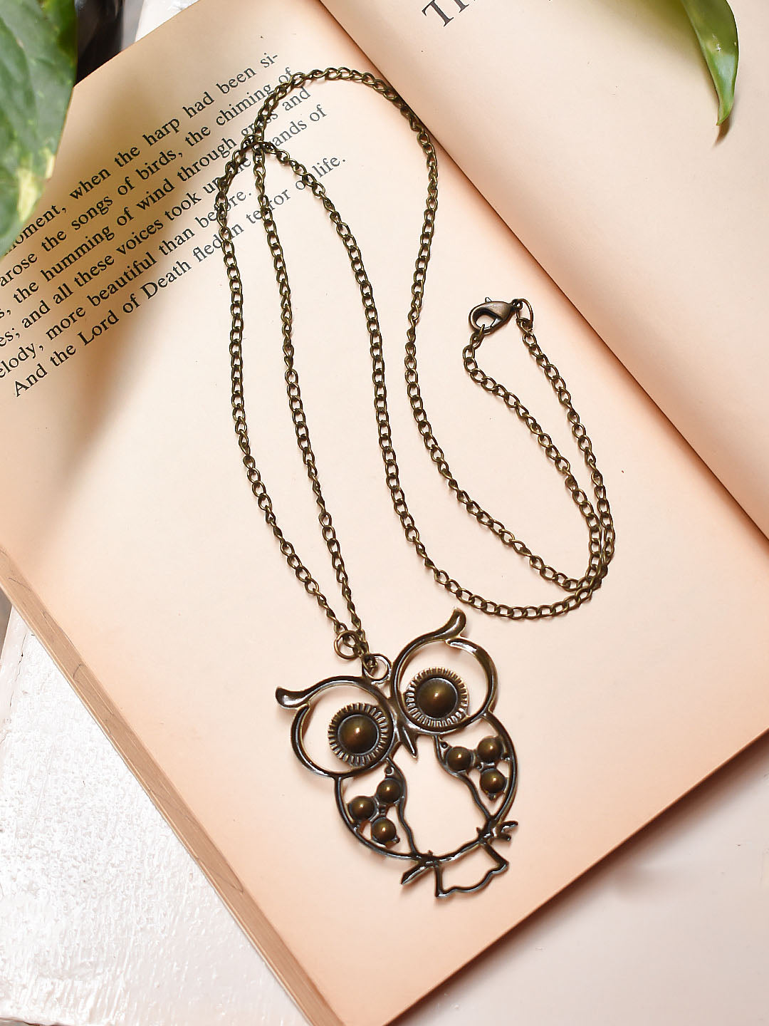 Antique Gold Plated Owl Design Pendant Multicolor Stones Long Necklace