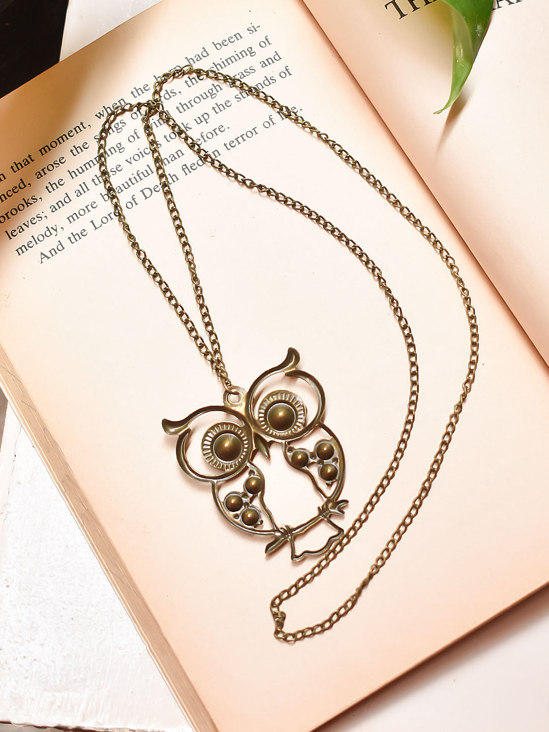 Antique Gold Plated Owl Design Pendant Multicolor Stones Long Necklace