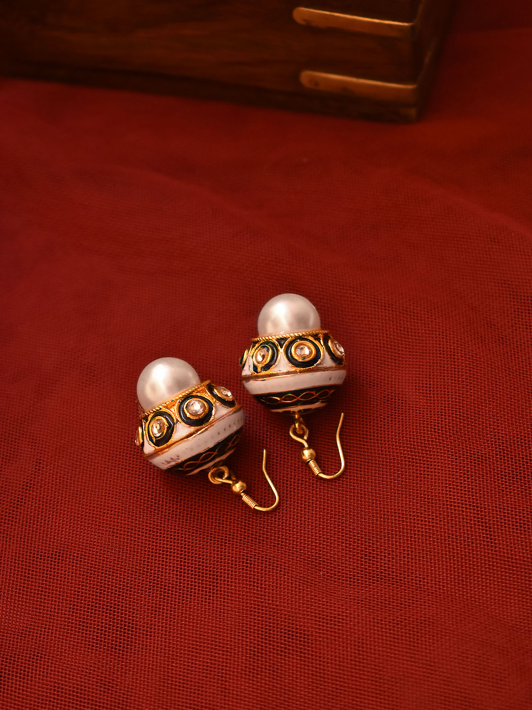 Gold Plated Circular Design Blue And White Color Enamel Painted Studded Pearl Drop Earring