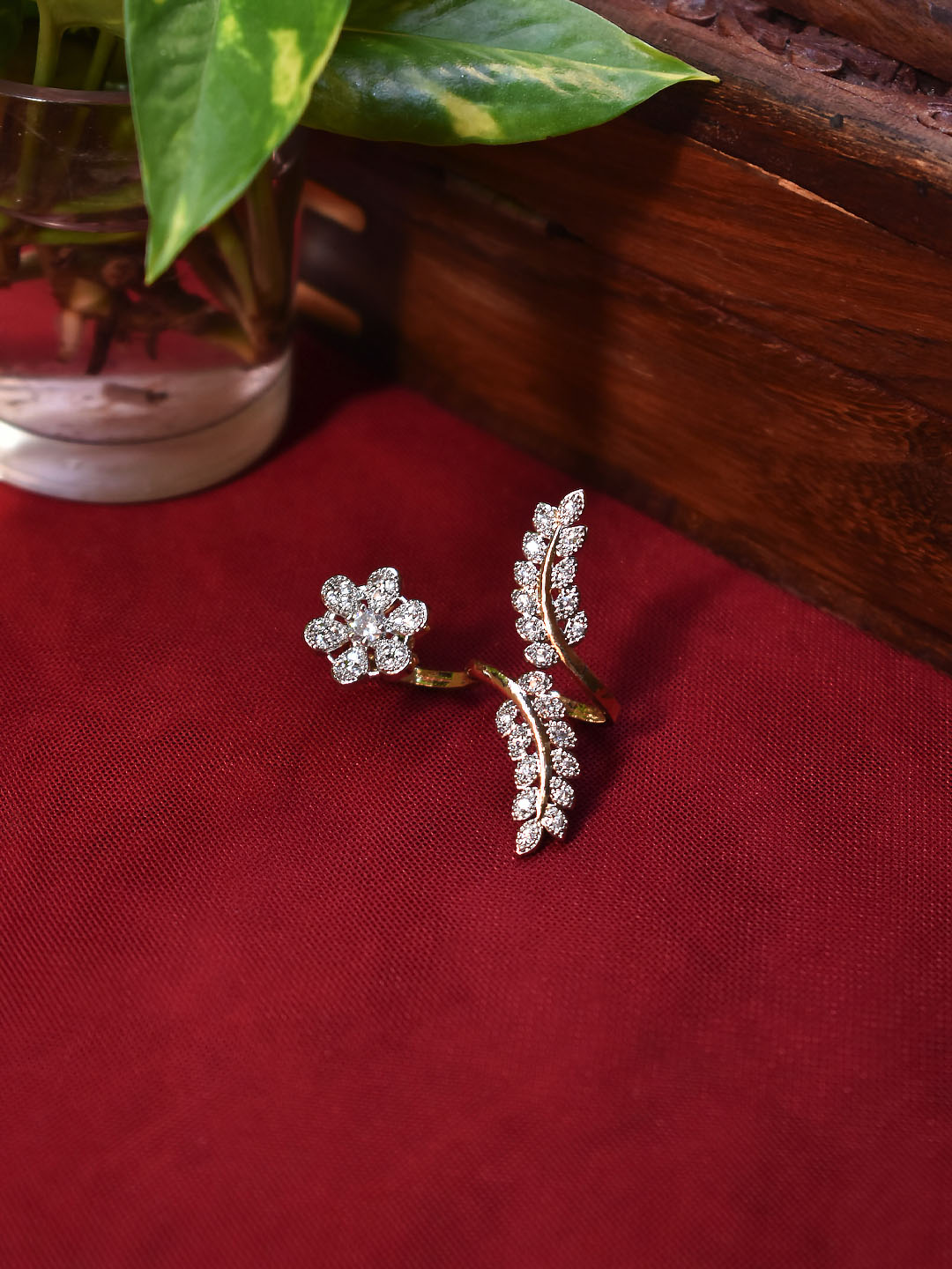 Designer High Quality Gold Plated Floral And Leaf Design Cz Stones Finger Ring