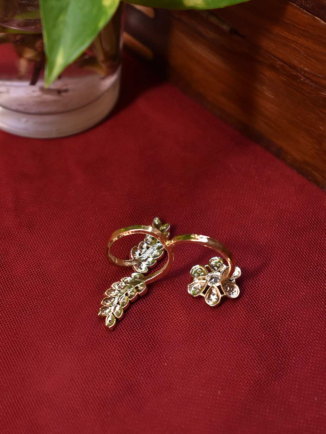 Designer High Quality Gold Plated Floral And Leaf Design Cz Stones Finger Ring