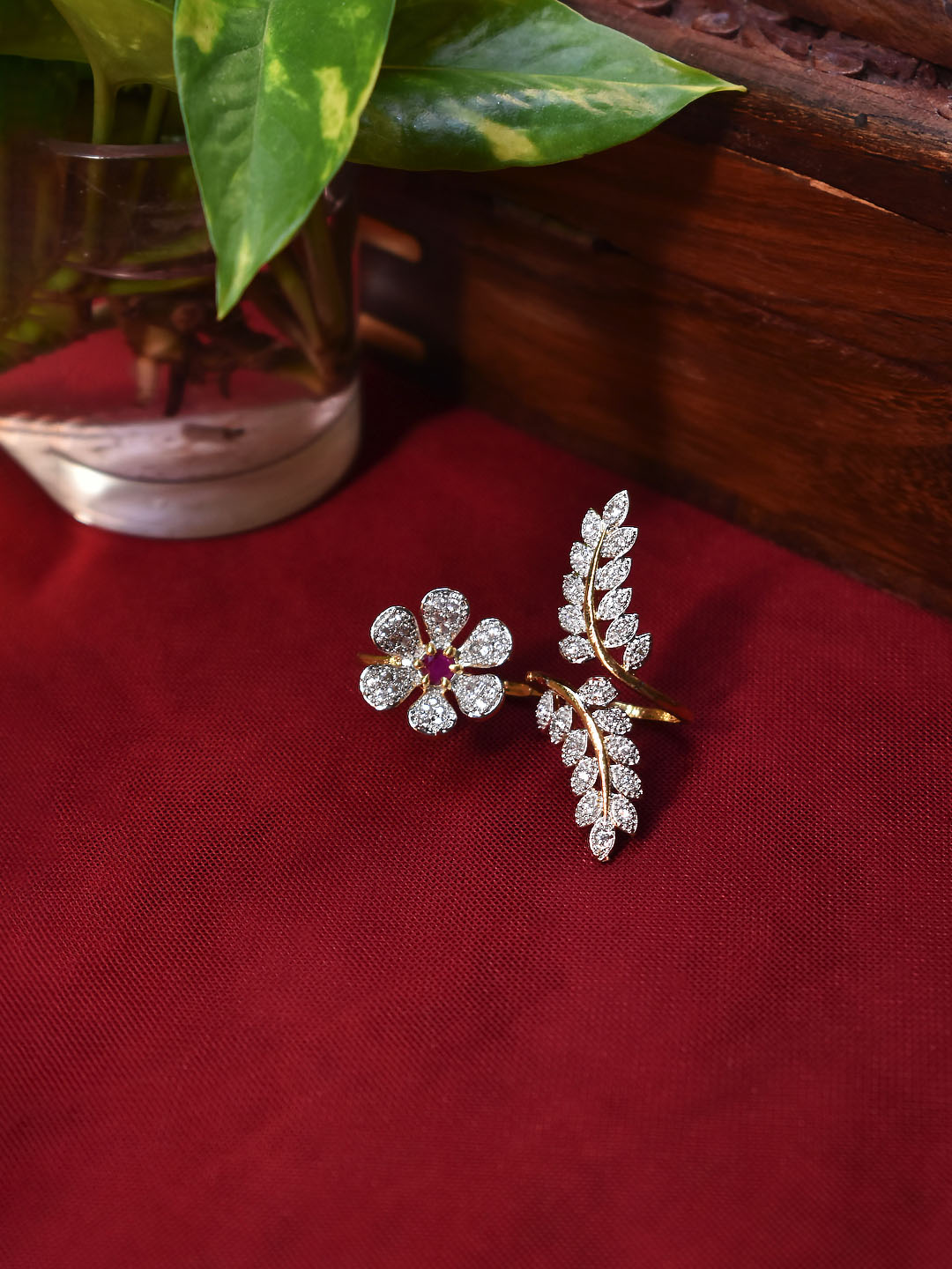 Designer High Quality Gold Plated Floral And Leaf Design Cz Stones And Ruby Stones Finger Ring