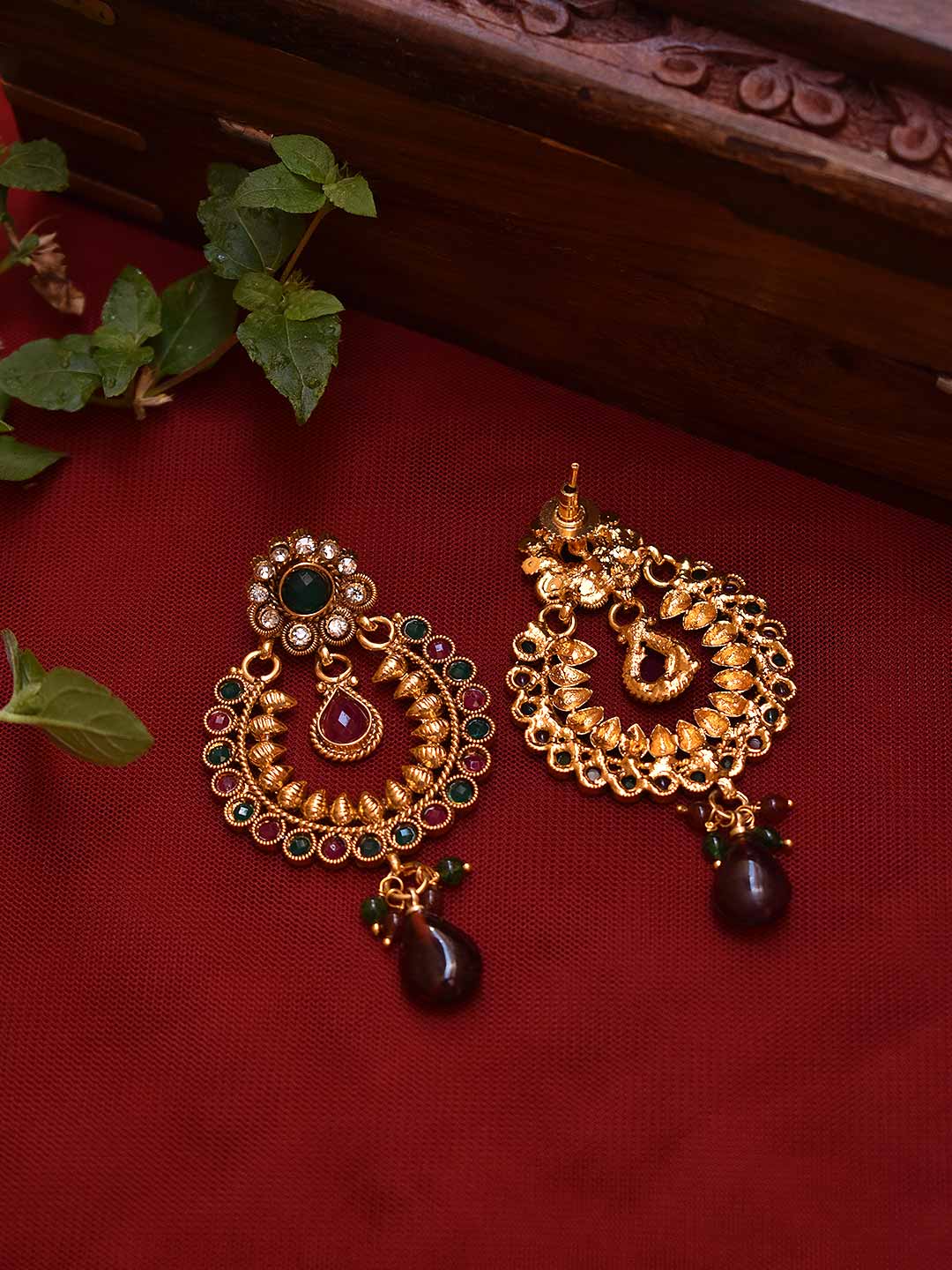 Avismaya Gold Plated Floral Design Stud Pink And Green Color Stones Dangler Earring