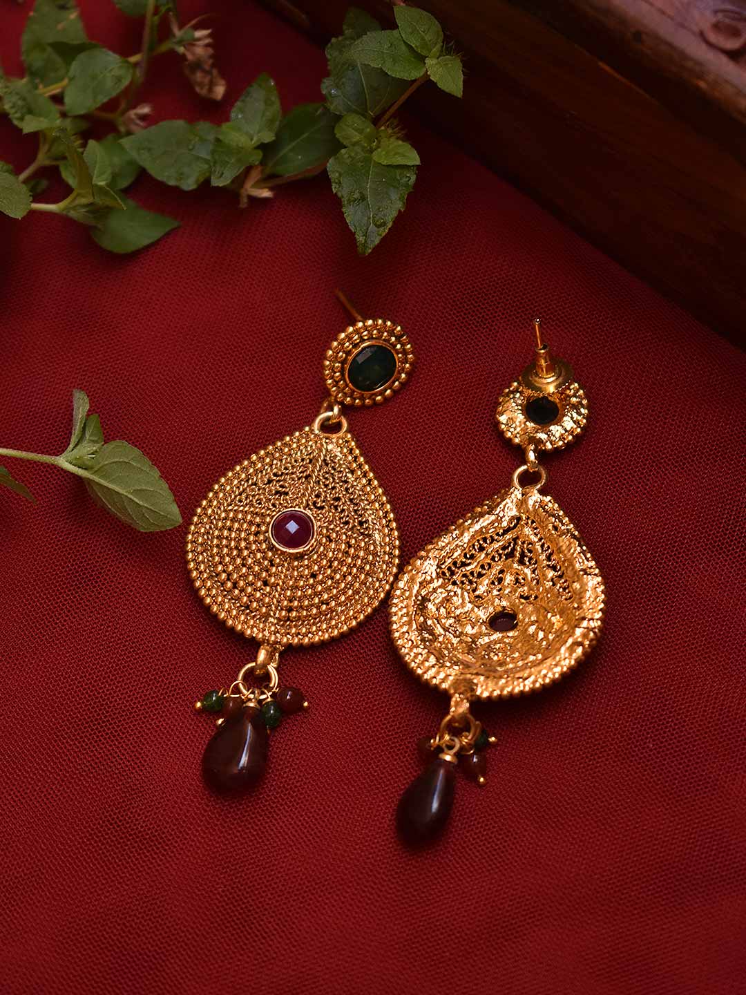 Avismaya Gold Plated Tear Drop Design With Hanging Maroon color Beads Dangler Earring