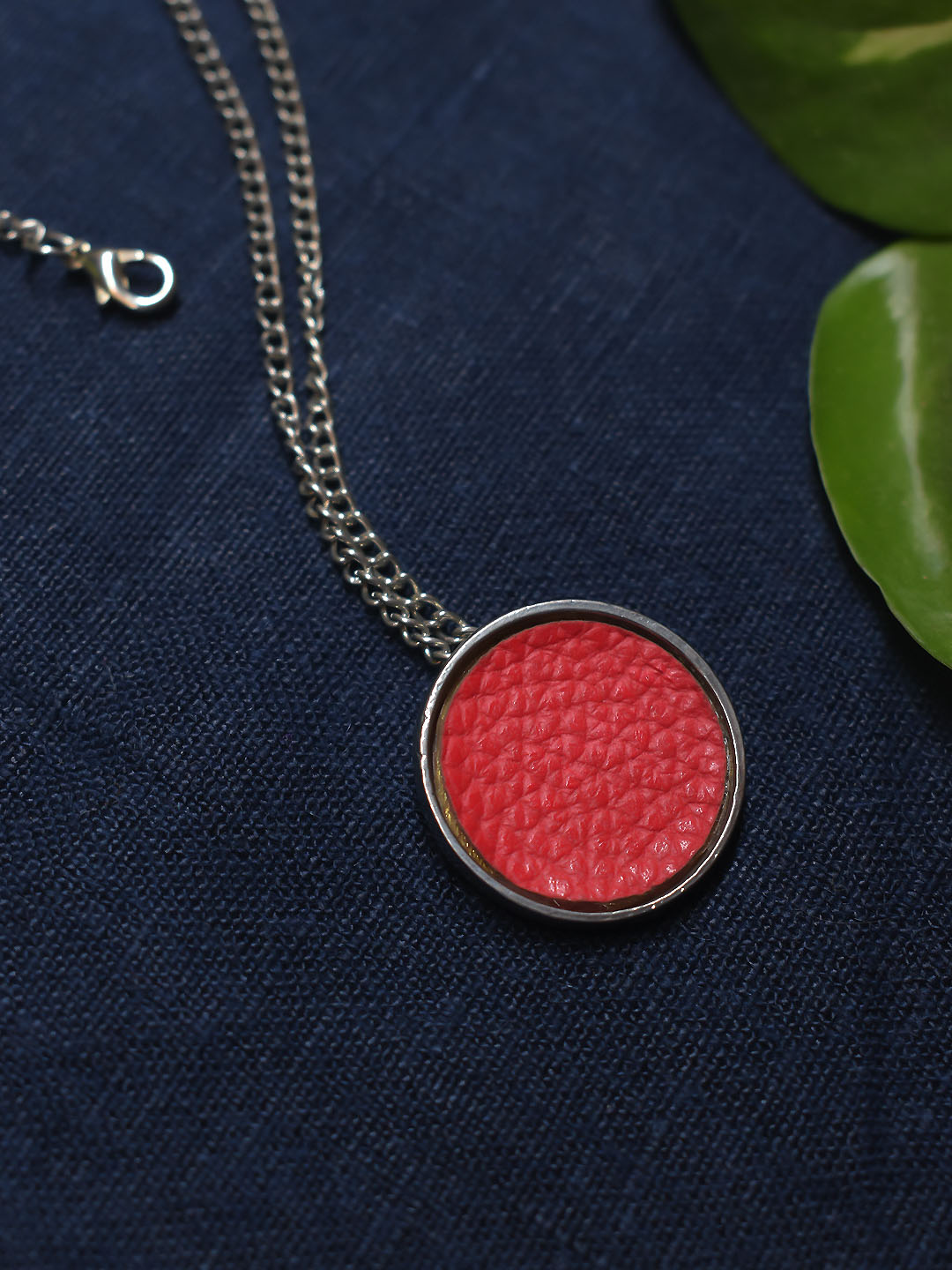 Silver Plated Circular Design Red Color Pendant Long Chain