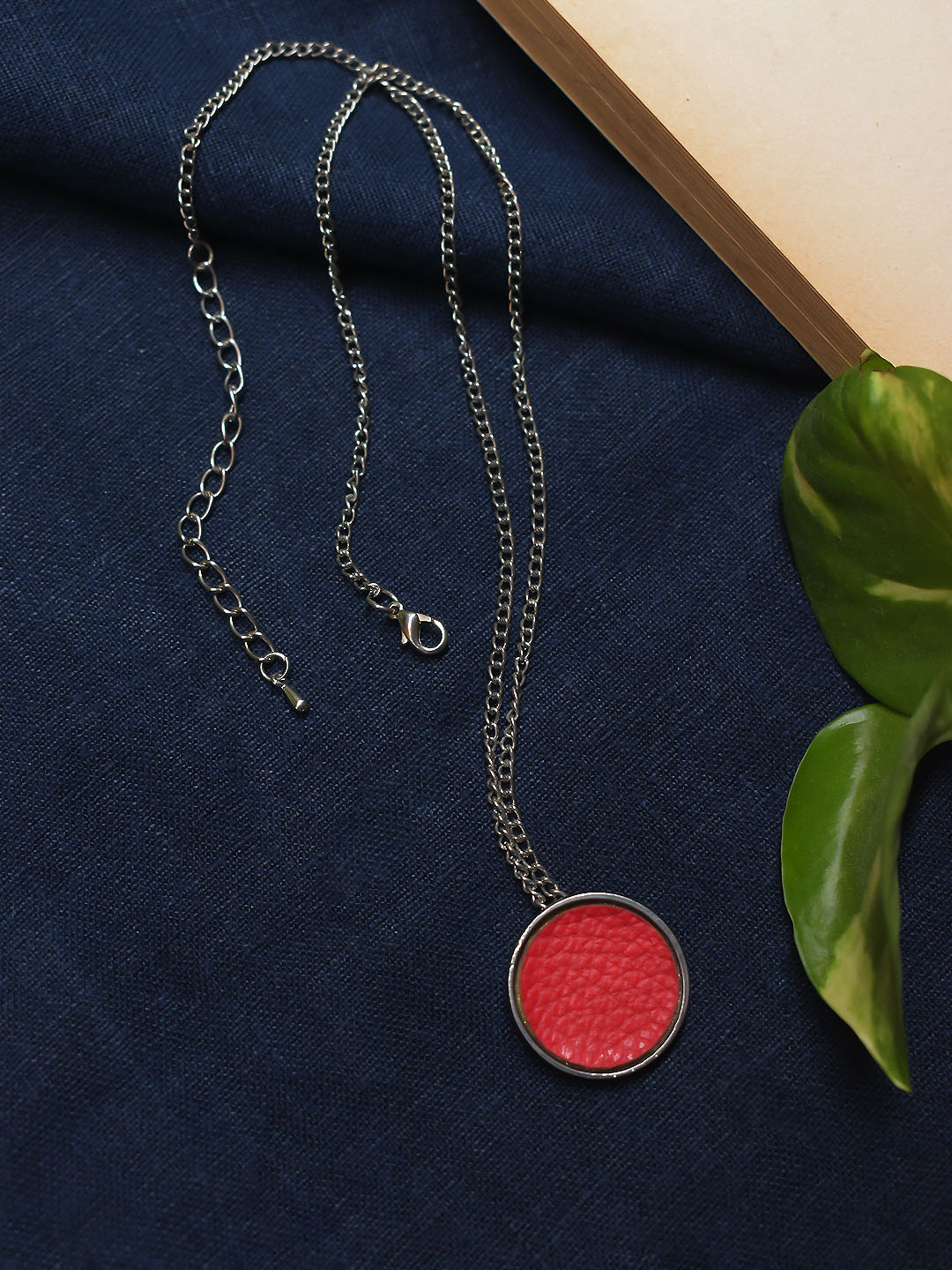 Silver Plated Circular Design Red Color Pendant Long Chain