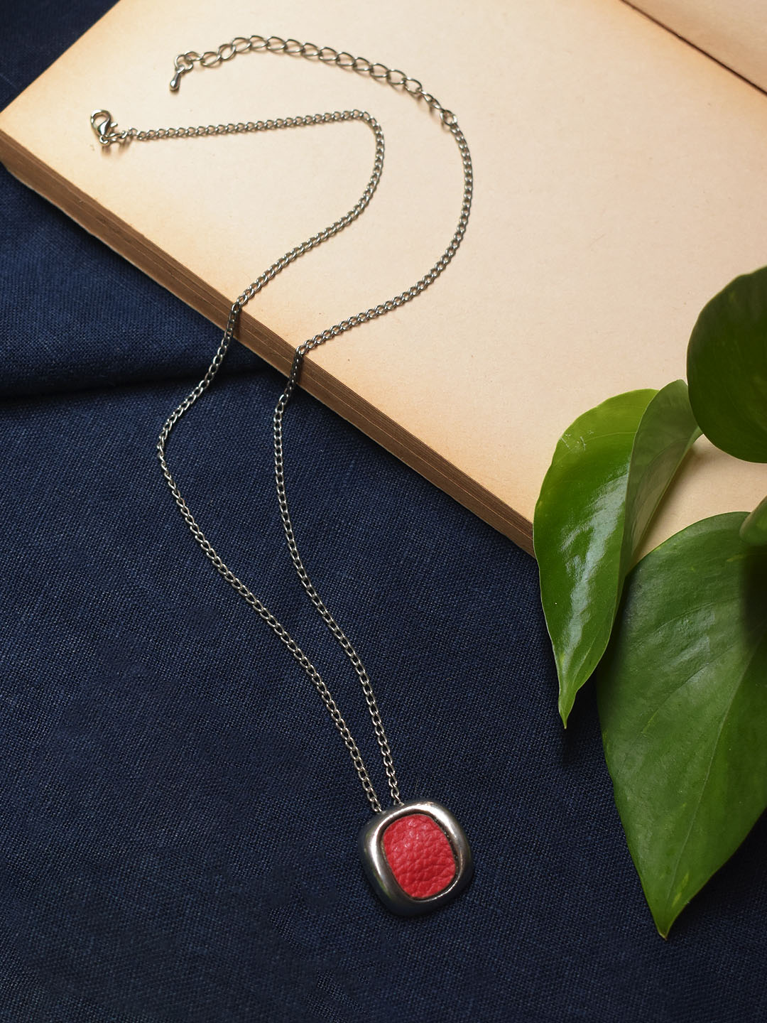 Silver Plated Square Design Red Color Pendant Long Chain