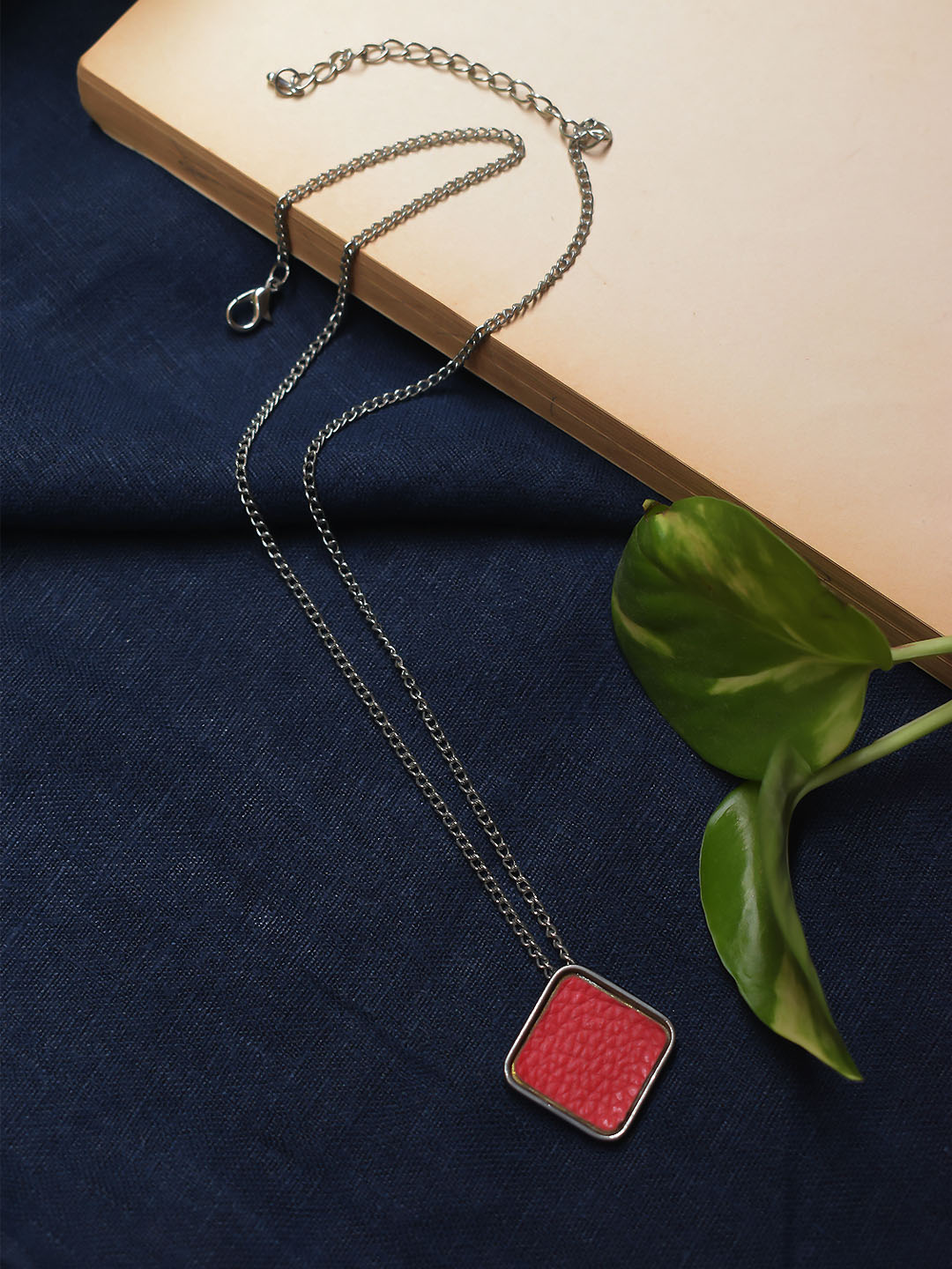 Silver Plated Rhombus Design Red Color Pendant Long Chain