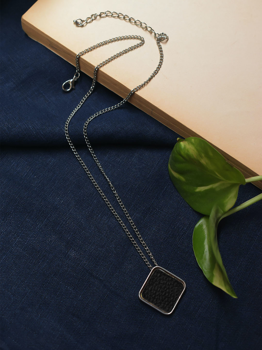 Silver Plated Rhombus Design Black Color Pendant Long Chain