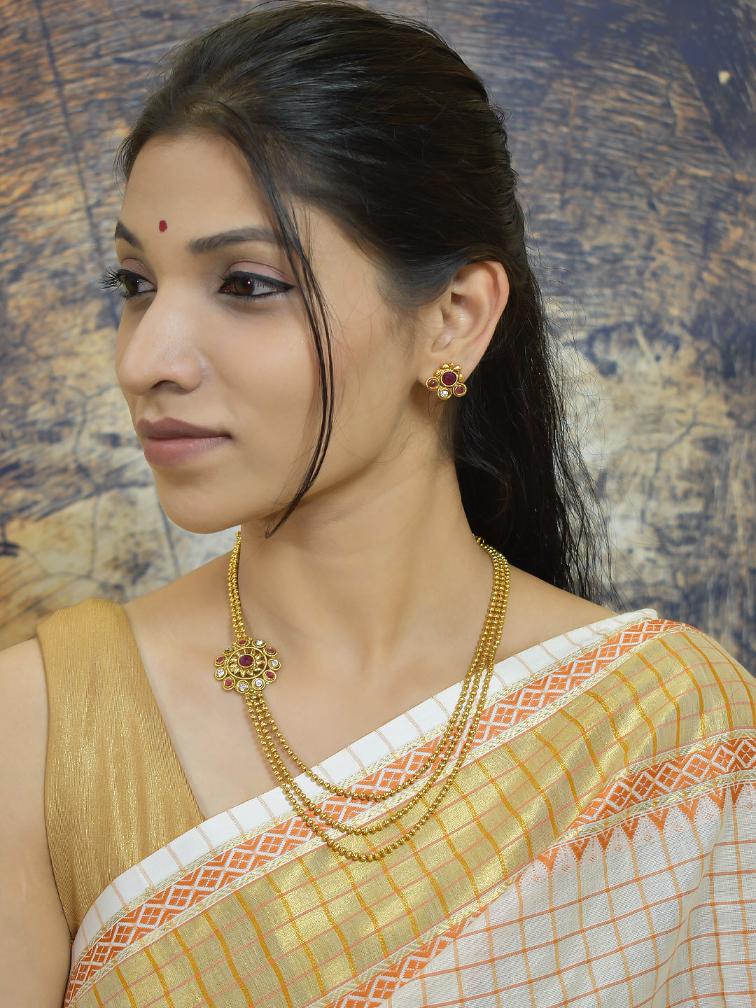 3 Line Necklace With One Side Pendant Necklace Set