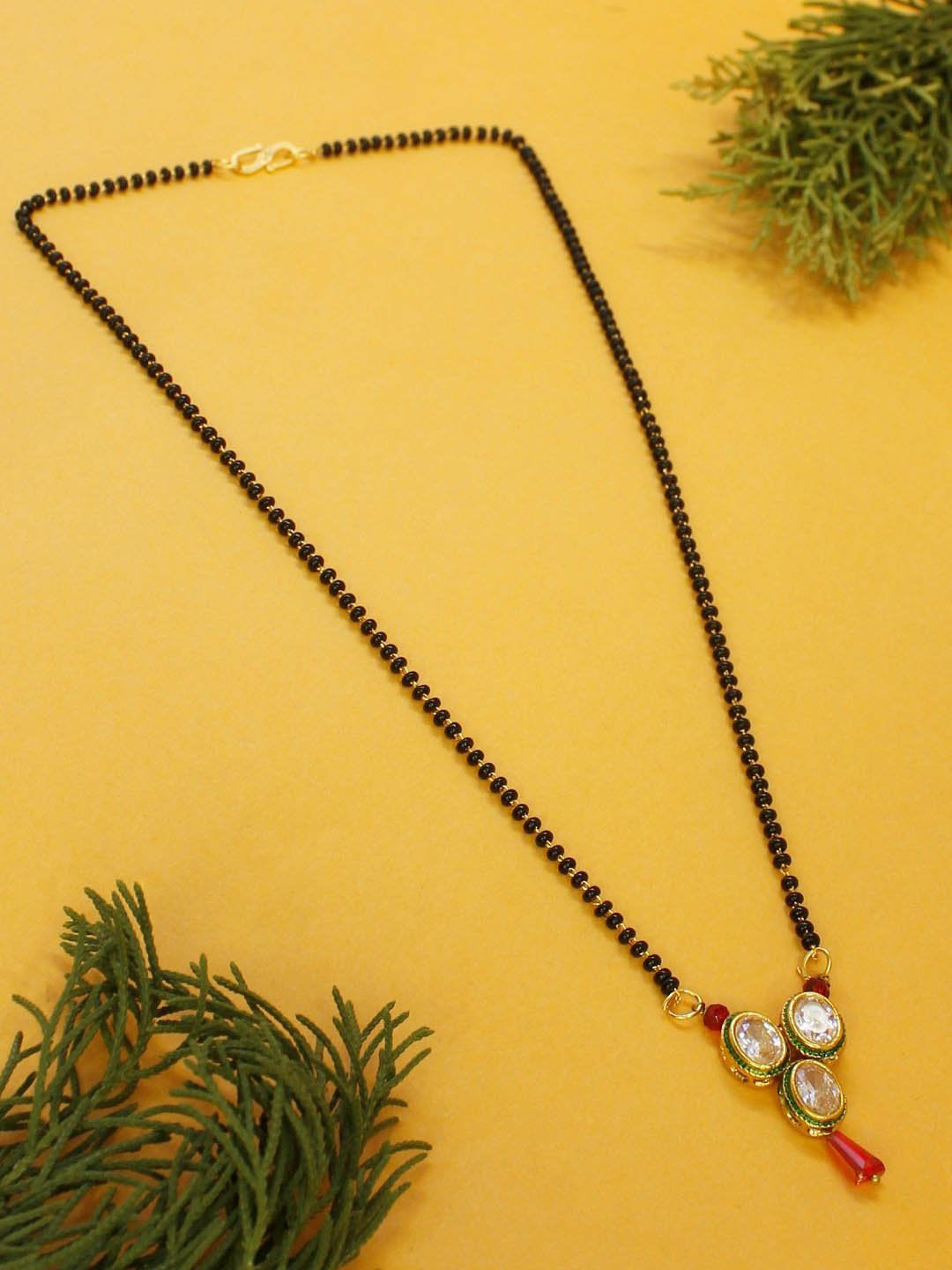 Avismaya Gold Plated Oval Design Red And White Color With Pendant Black Color Beads Medium Mangalsutra