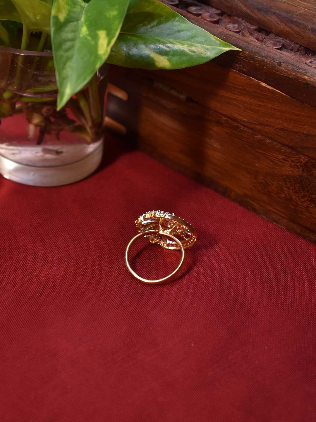 High Quality Gold Plated Wheel Design CZ Stones And Ruby Stones Finger Ring