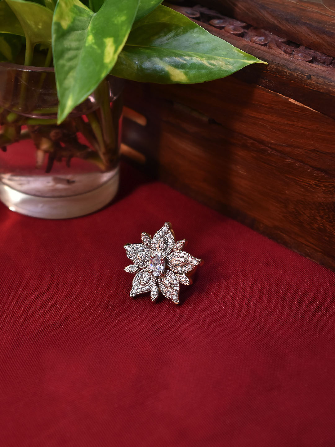 High Quality Gold Plated Floral Design CZ Stones Finger Ring