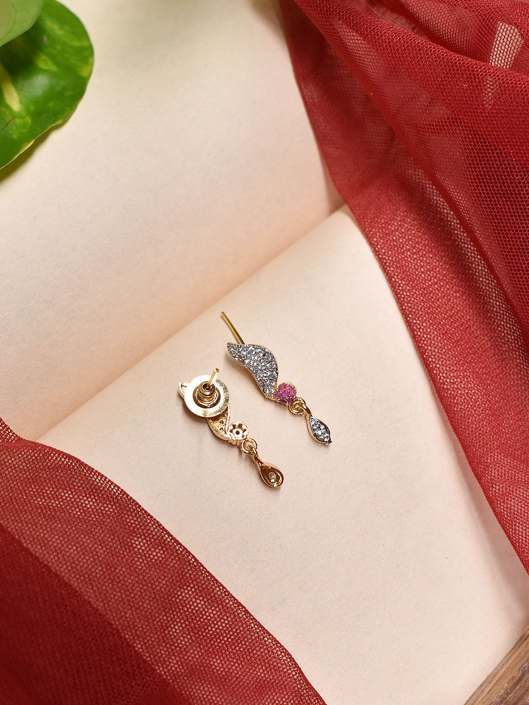 High Quality Gold Plated Butterfly Design CZ Stones And Ruby Stones Pendant With Earring Set