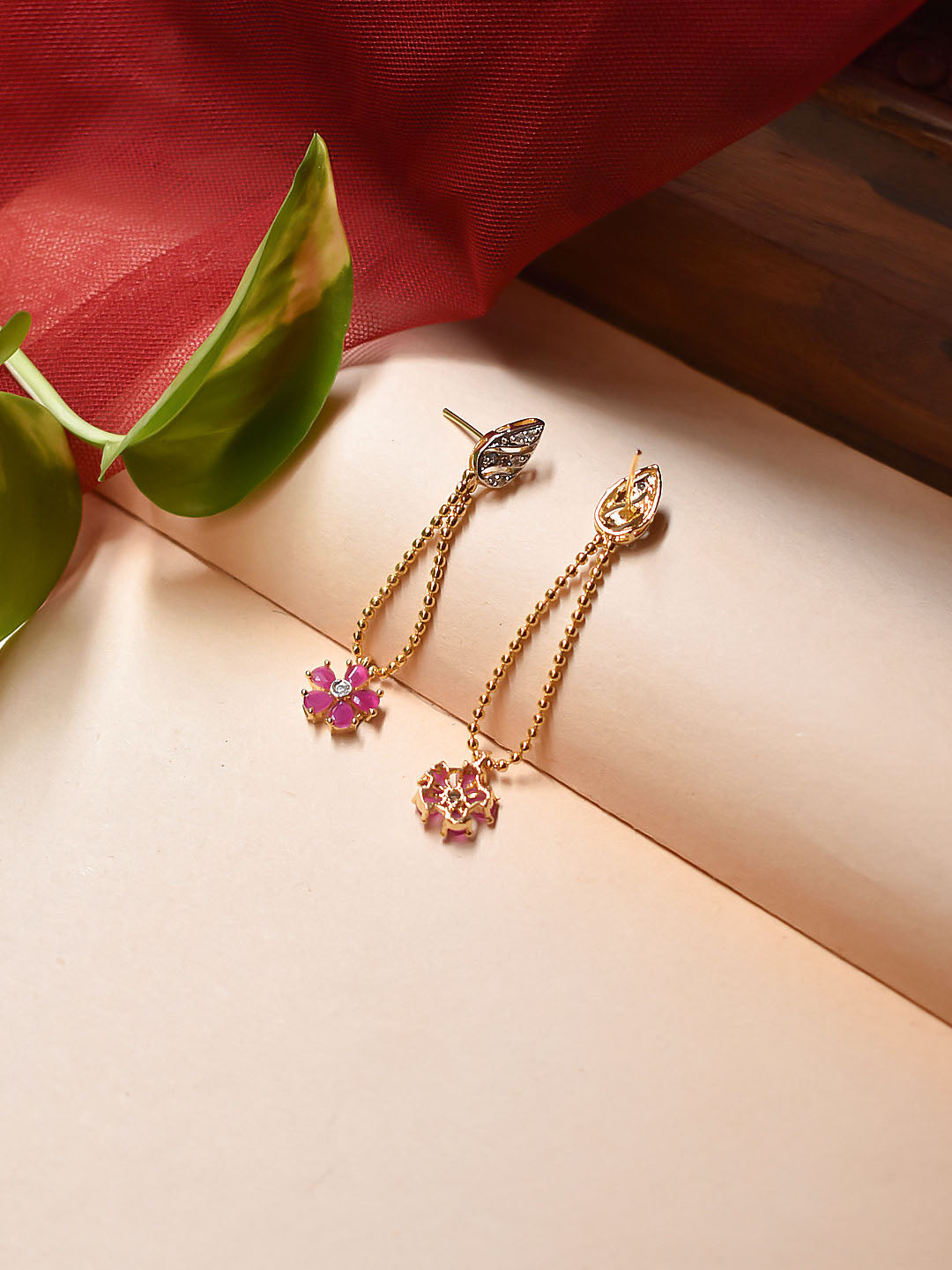 Avismaya Gold Plated Tear Drop Design And Floral Design Pink And White Color Stones Dangler Earring