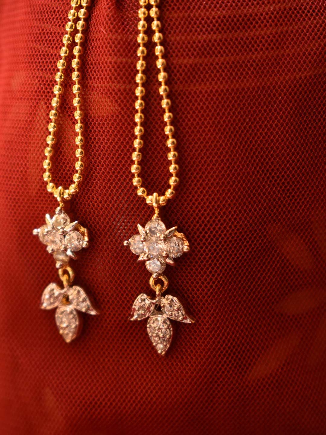 Gold Plated Tear Drop Design Cz Stones Hanging Floral Shape Stud Drop Earring