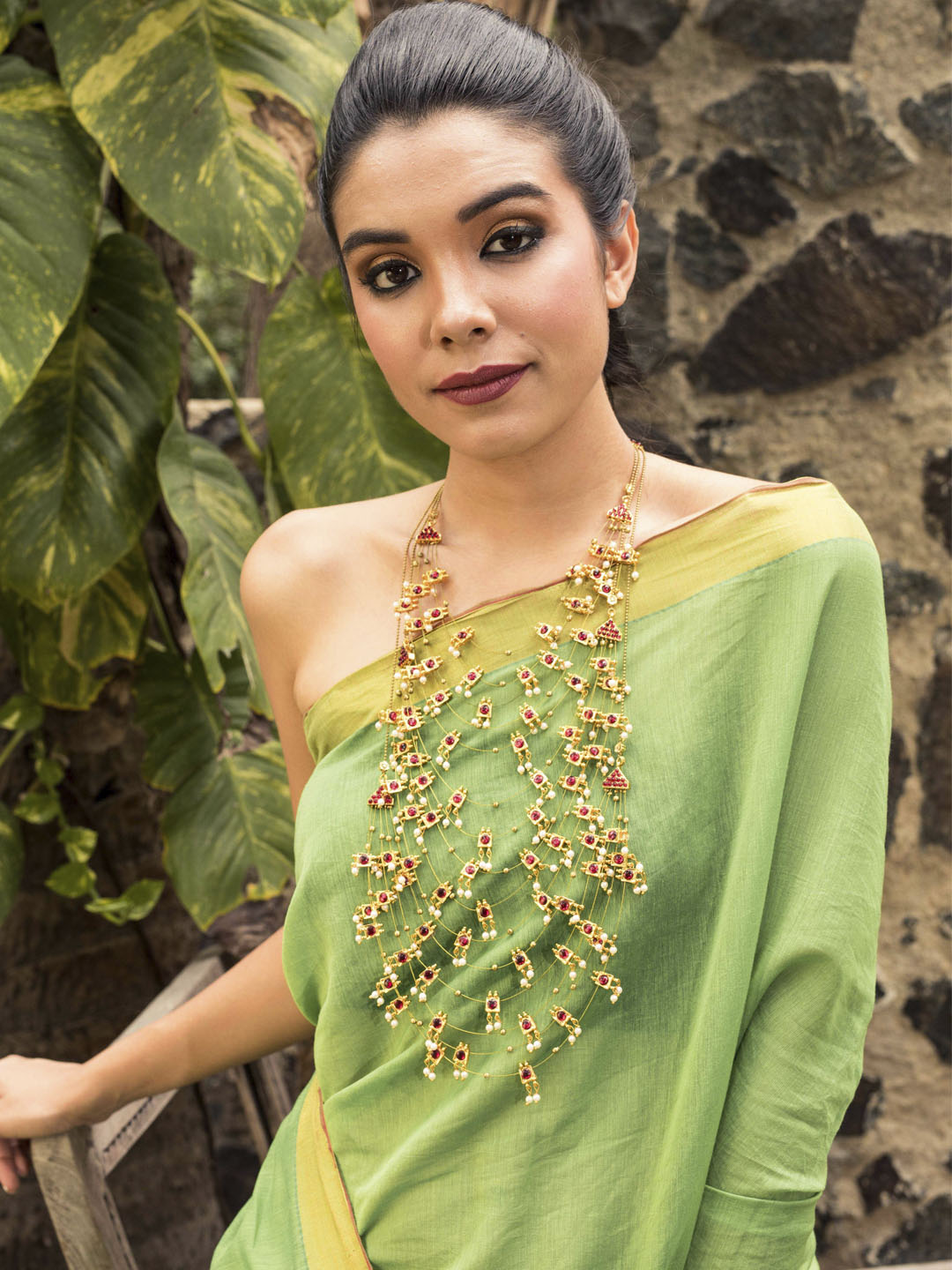 Celebrity Statement Styles - Designer Multi 15 Layered Long Necklace Set in Red Motifs Kemp stones