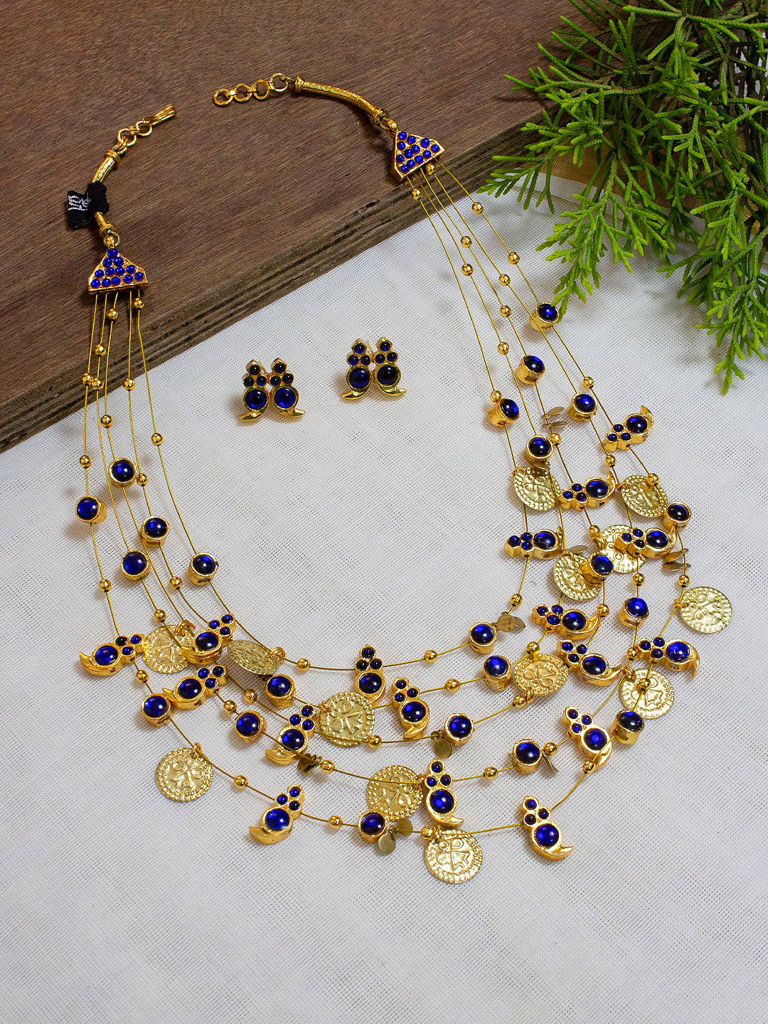 Designer Mango Motif 5 Layered Chain With Blue Kemp Stones With Earrings