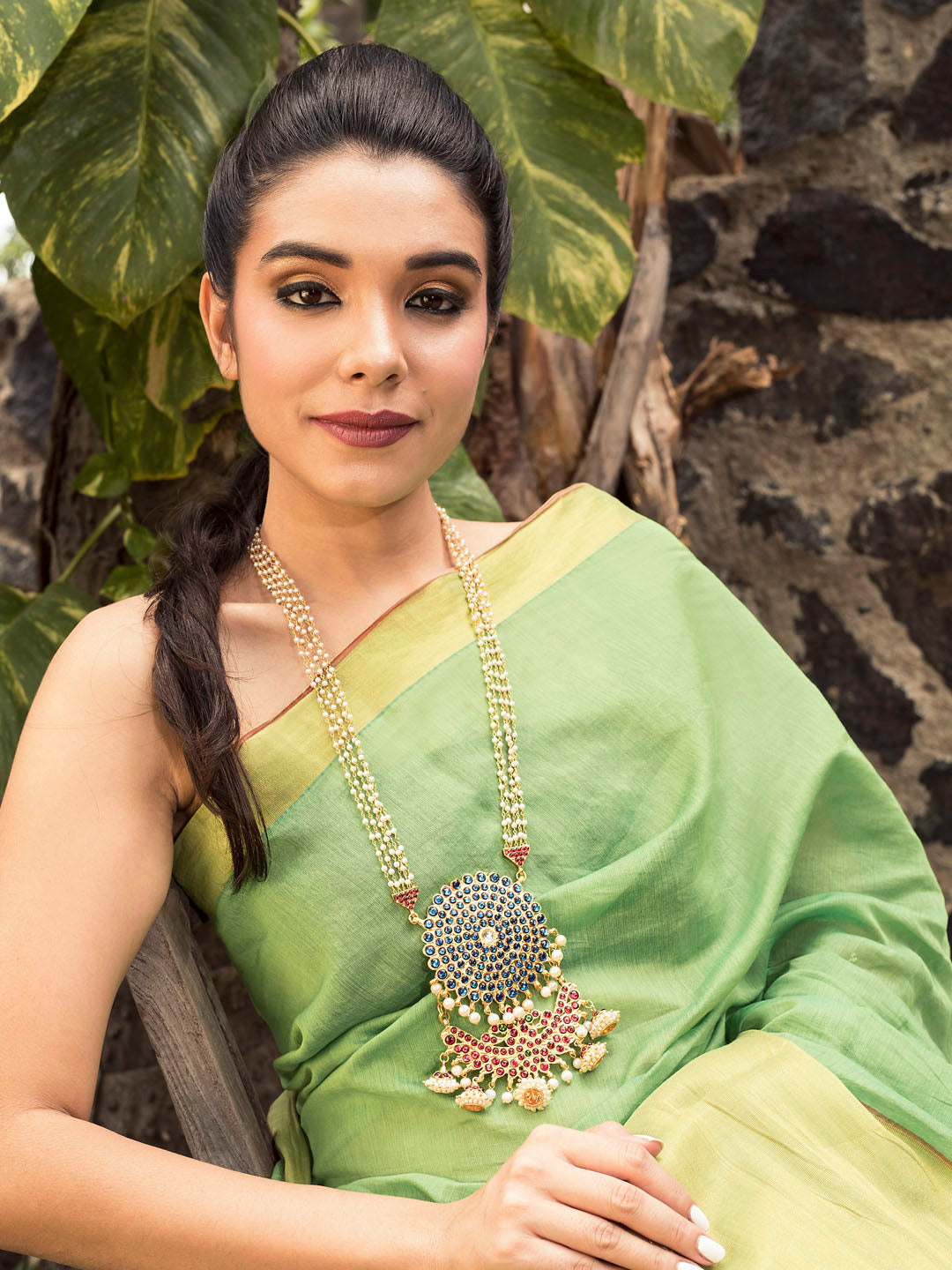 Designer Contemporary 5 Layered Pearl Chain With Double Pendant Long Necklace