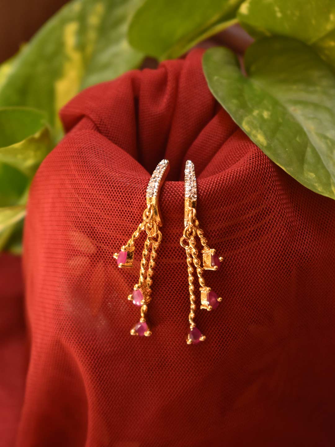 Gold Plated Three Layered Hanging Curb Chains Triangle Shape Pink Color Ruby Stones Drop Earring