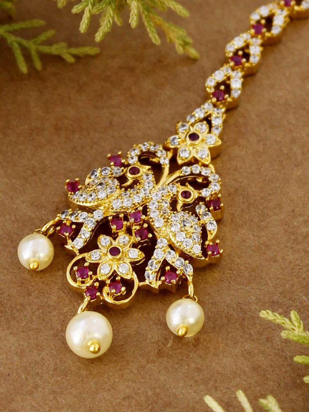 Avismaya Gold Tone With American Diamond And Pearls Bridal Maang Tikka