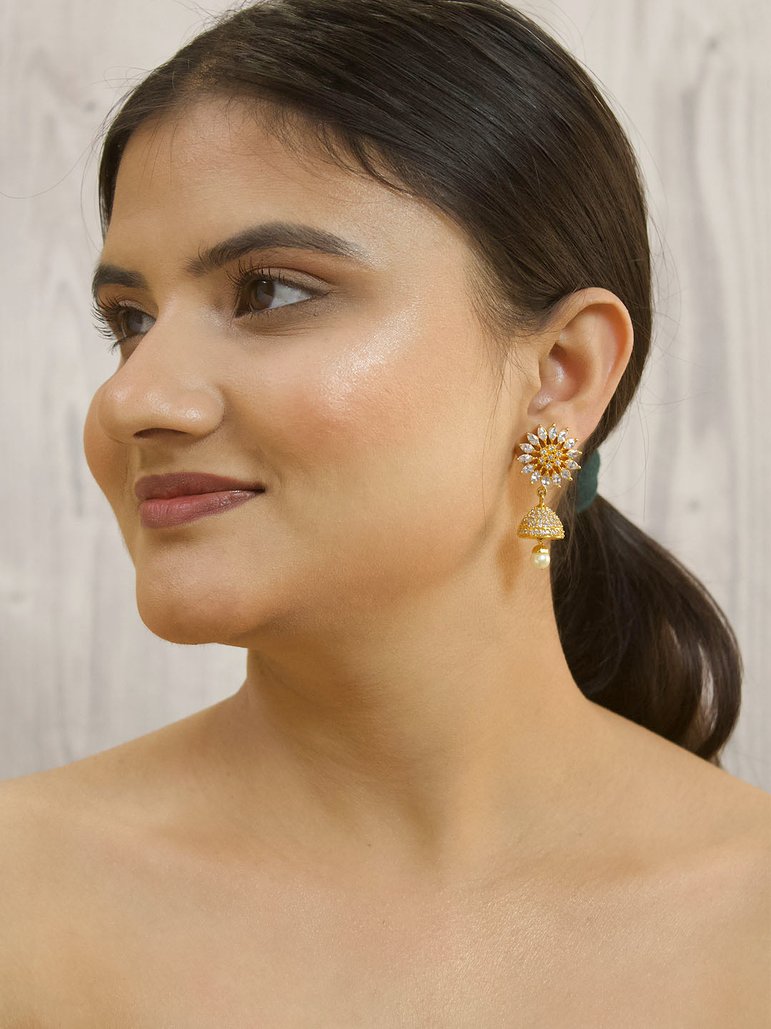 Ruby White Color American Diamond Stones with Pearl dropping Stud Jhumka