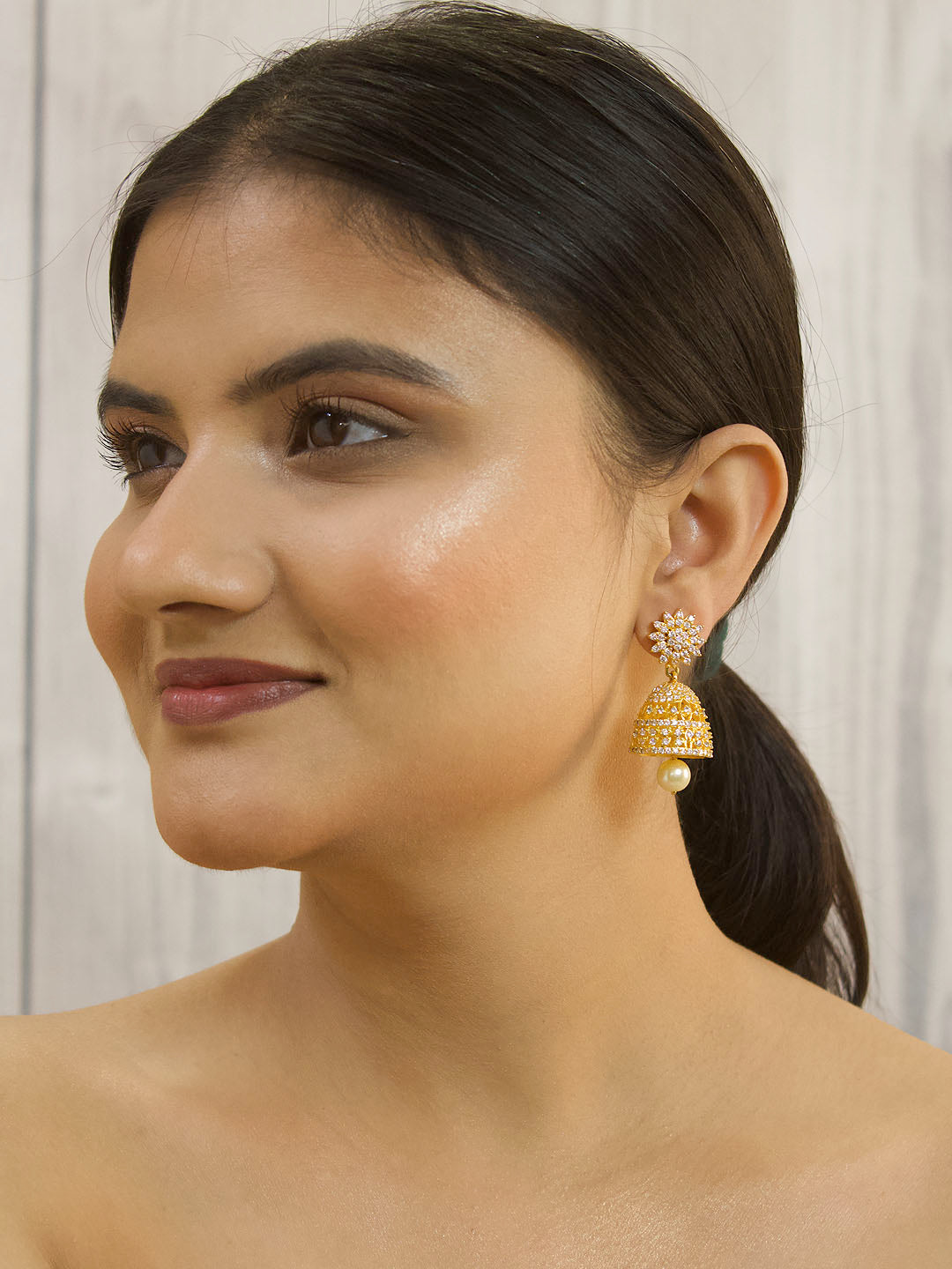 Ruby White Color American Diamond Stones with Pearl dropping Stud Jhumka