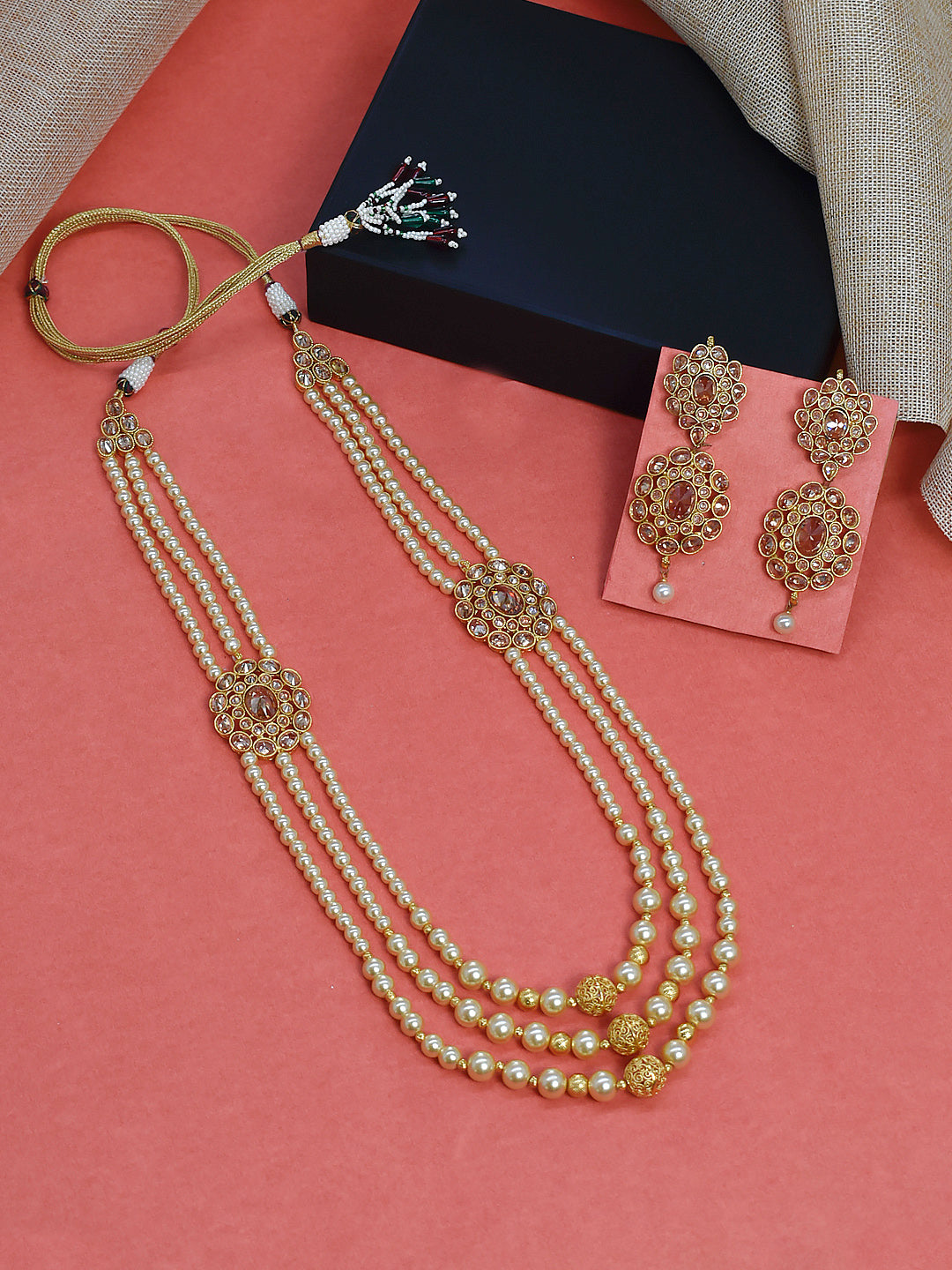 High Quality Gold Plated Tear Drop Design Multi Layered Pearls With Kundan Stone Side Pendants Long Necklace Set