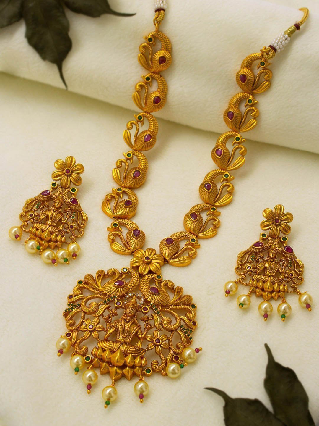 Avismaya Gold Plated Lakshmi And Peacock Design Medium Haar Necklace Set With Kemp Stone