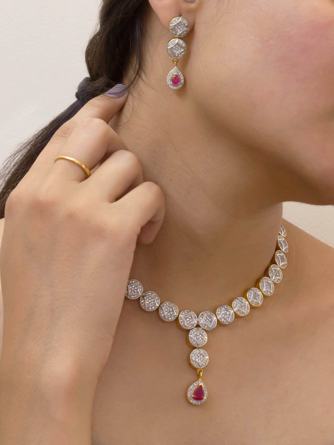 Avismaya Gold Plated Geometric Design With American Diamond And Ruby Stones Choker Necklace Set