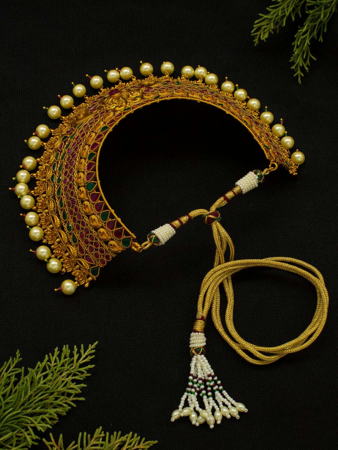 Premium Wedding Designer Wear Premium Gold Plated Lakshmi Design Statement Choker Necklace Set With Maang Tikka