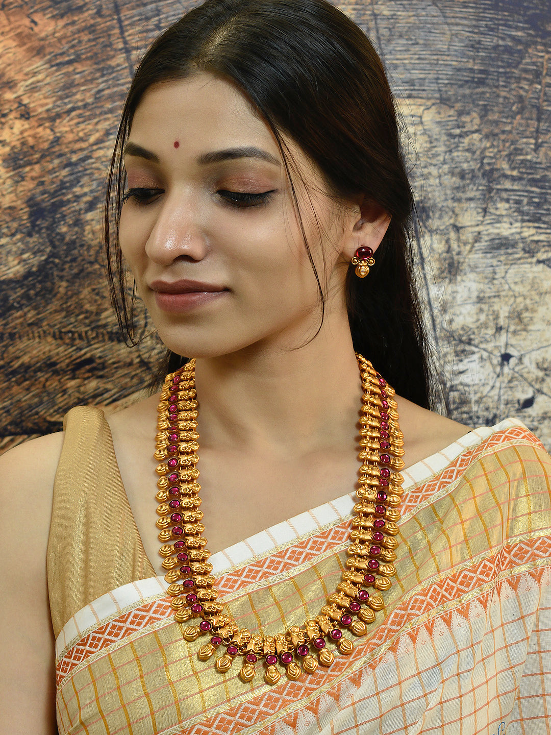 Avismaya Temple Jewellery Matt Gold Antique Finish Shilabalika Design With Pink Color Ruby Stones Long Necklace Set