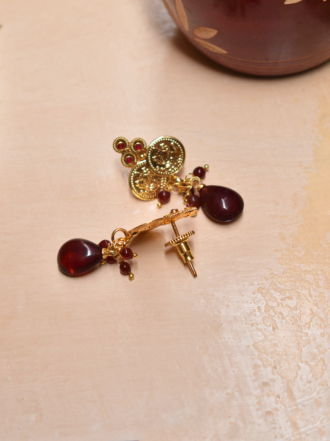 Avismaya Gold Plated Lakshmi Design Red Color Plastic Stone Dangler Earring