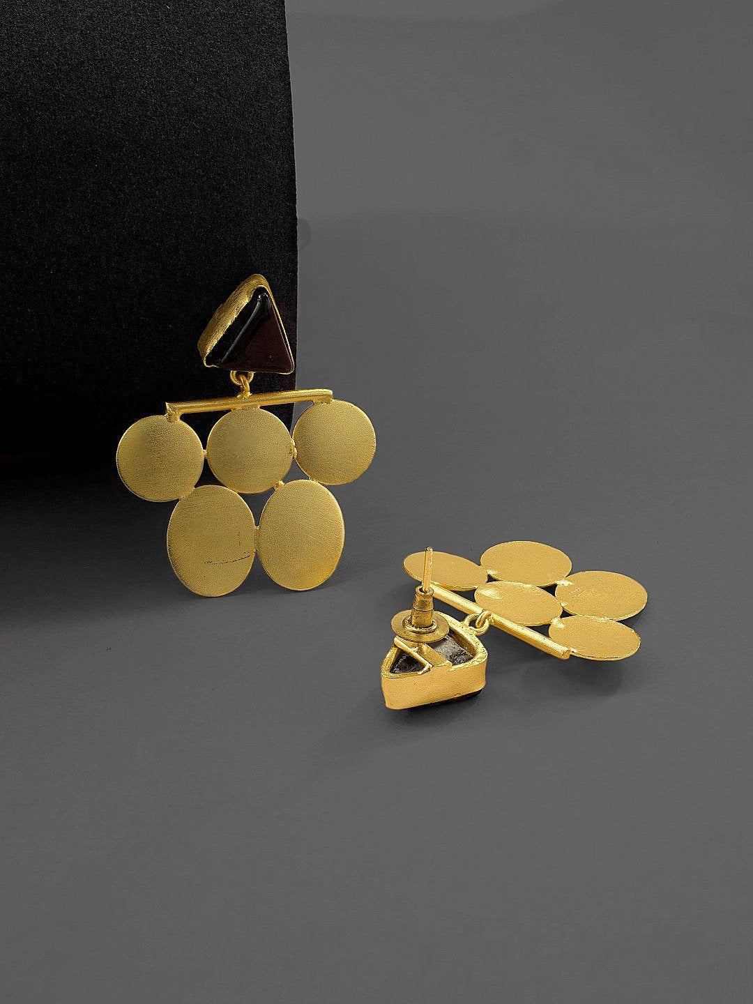 Contemporary Designer Gold Plated Black Color Onyx Semi Precious Stone Geometric Design Earring By Avismaya