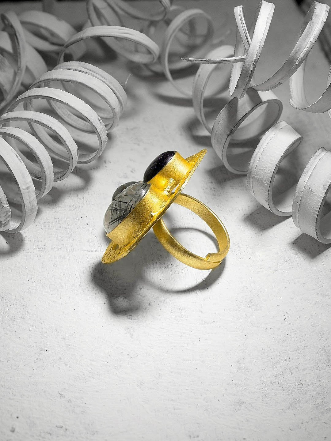 Contemporary Designer Gold Plated With Multicolor Leborite Semi Precious Stones Geometric Design Adjustable Finger Ring By Avismaya