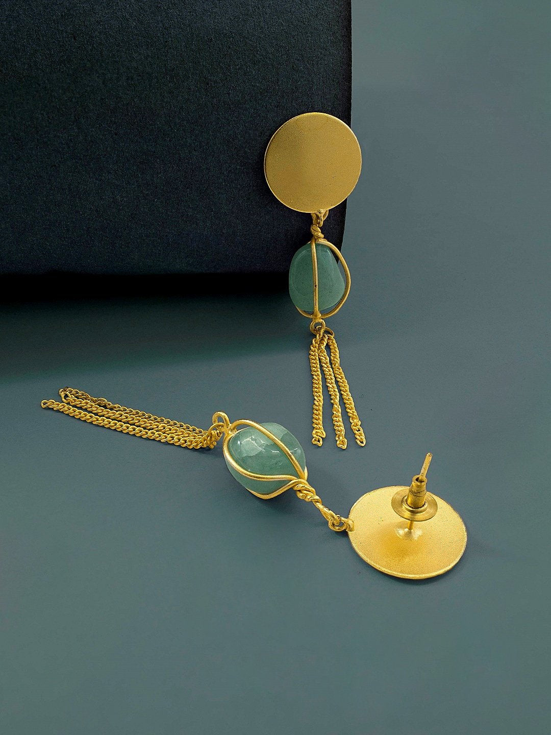 Contemporary Designer Gold Plated Green Color Onyx Semi Precious Stone Geometric Design With Hanging Chain Earring By Avismaya