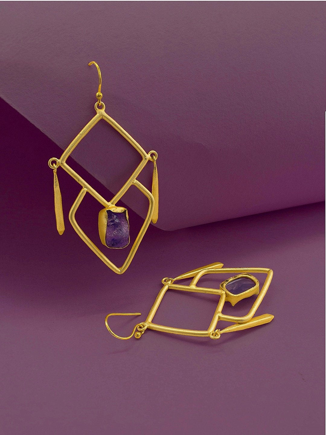 Contemporary Designer Gold Plated Violet Color Amethyst Semi Precious Stone Geometric Design Earring By Avismaya