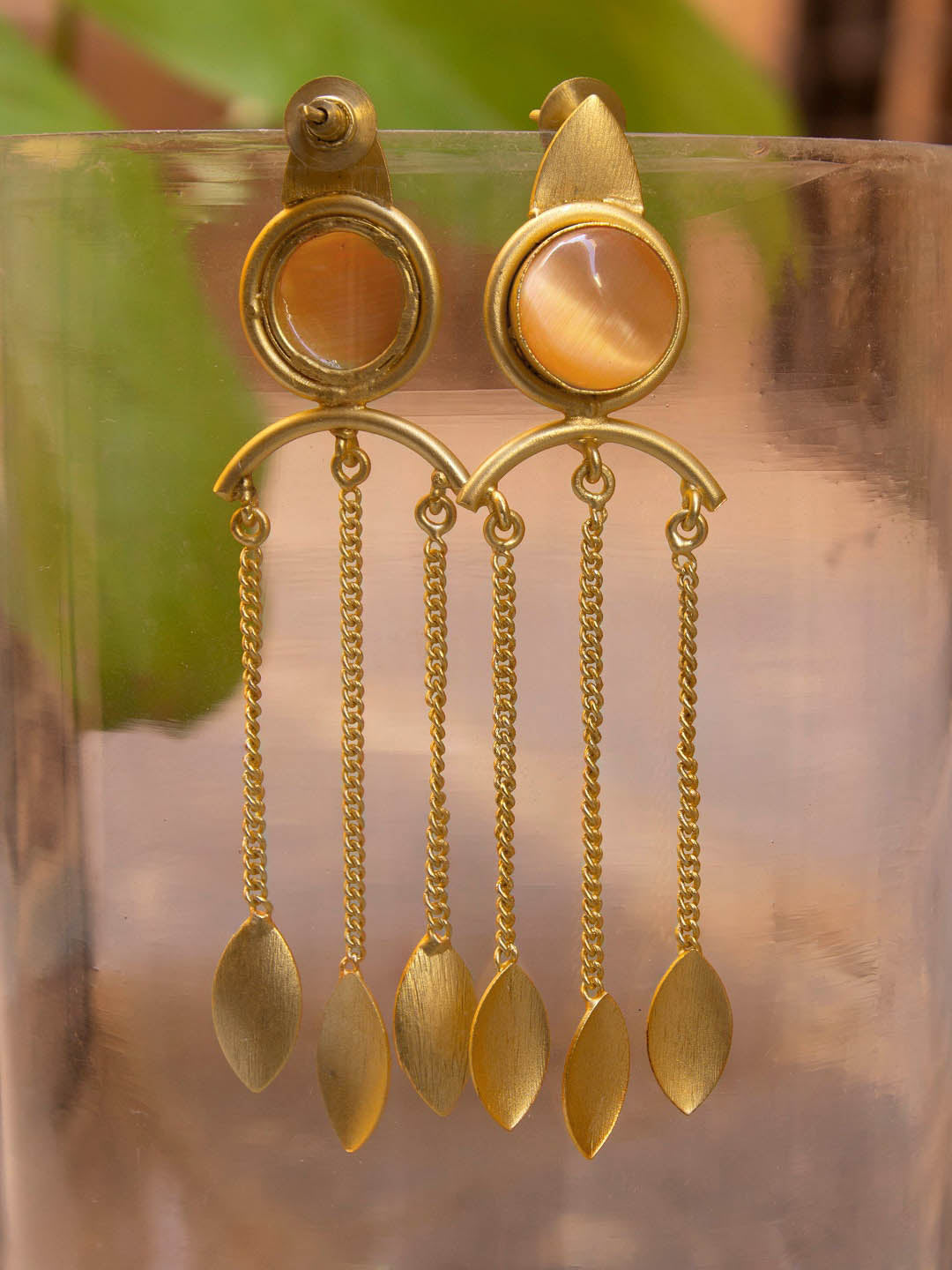 Avismaya Designer Gold Plated Crescent Design Semi Precious Orange Crystal Stone With Hanging Gold Spike Dangler Earring